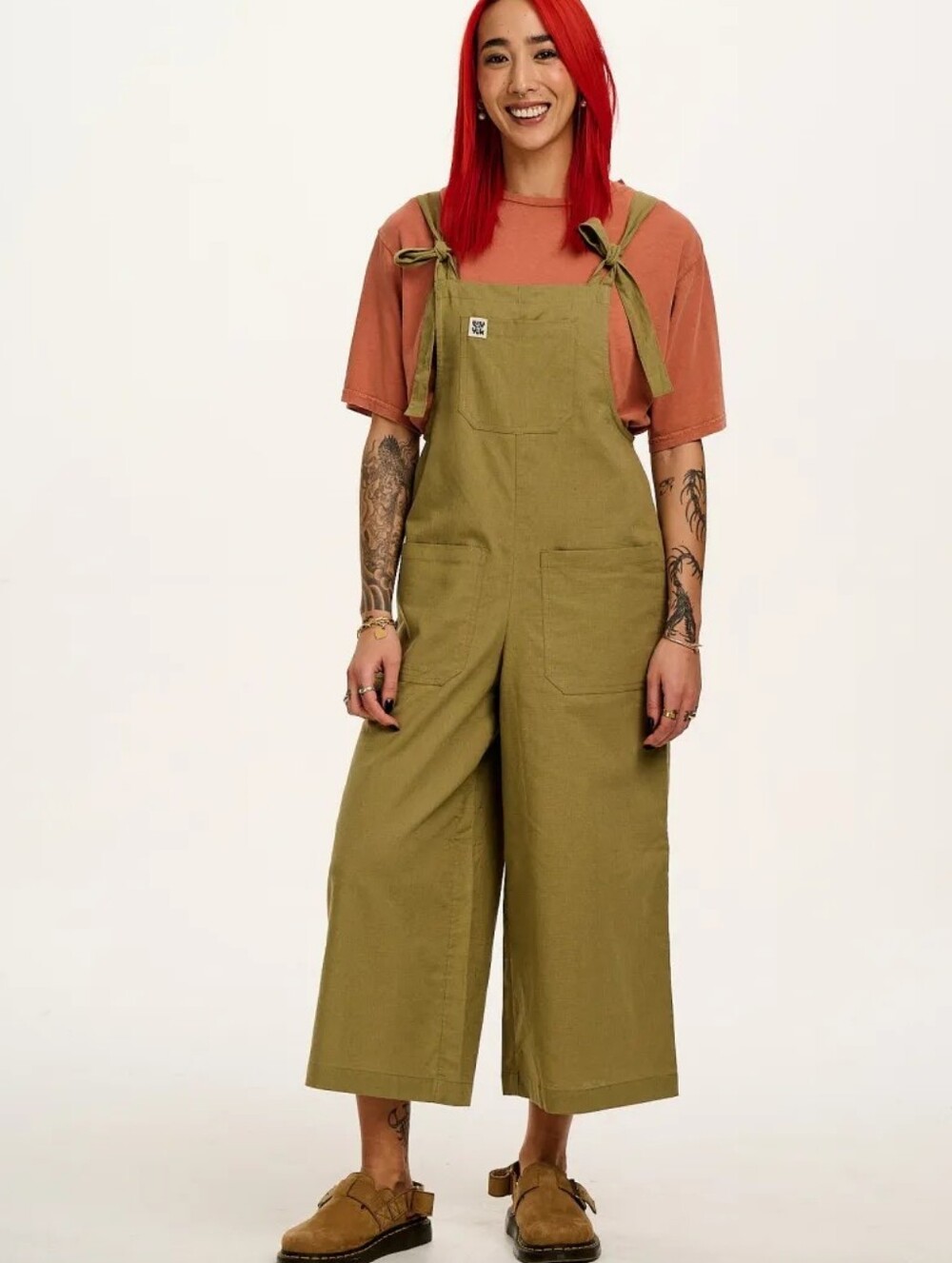 NWT Lucy & Yak | Jenny Wide Leg Cotton Linen Dungaree Olive Green Women US 12R - Picture 2 of 8